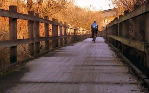 A cyclist on Mercer Slough causeway in the winter