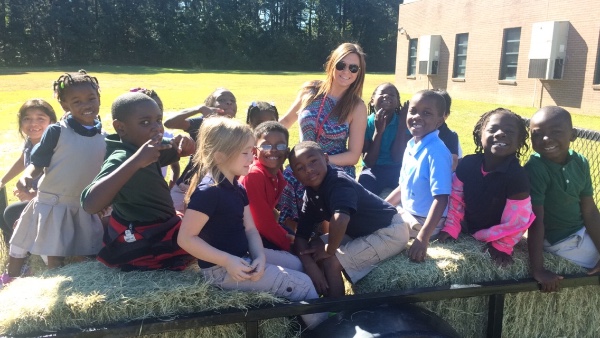 Katie Blomquist and some pupils at Peppermill Elementary